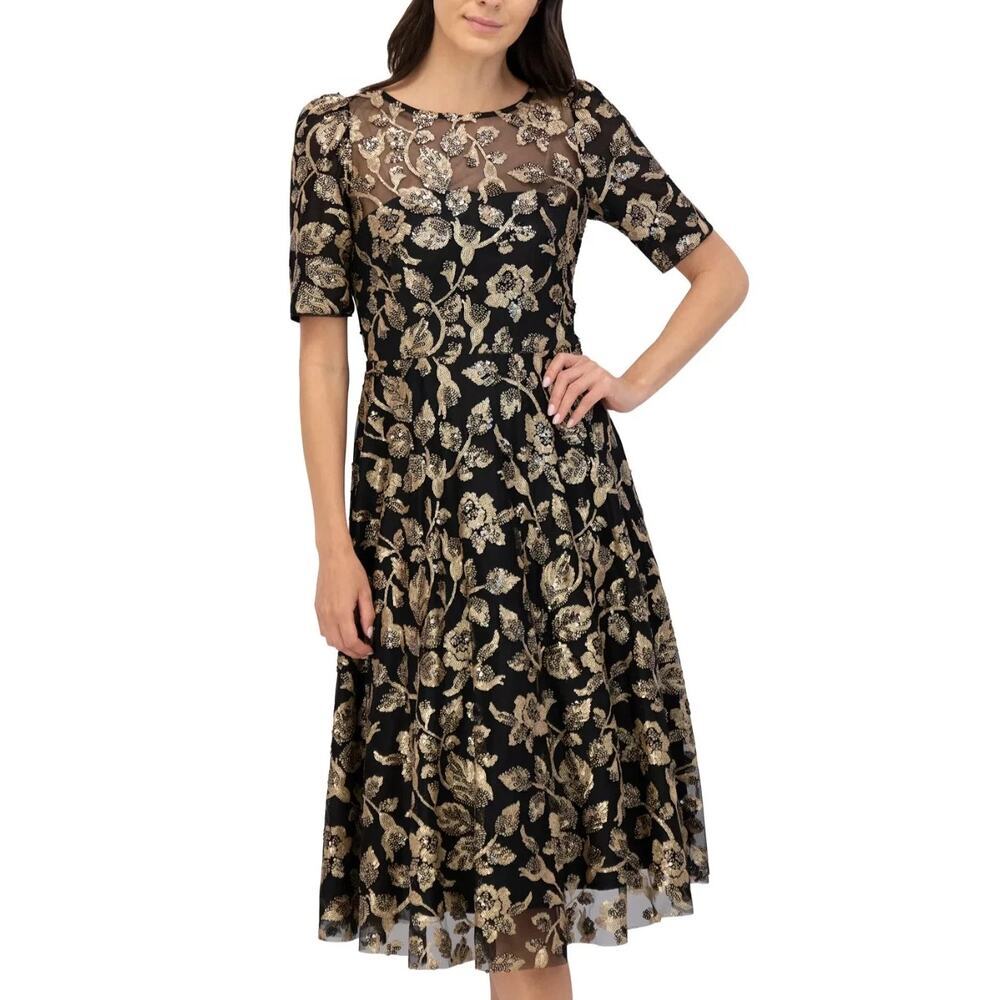 Eliza J Women's Sequins Glitter Round Neck Short Sleeve Dress Black Size 8 NWT